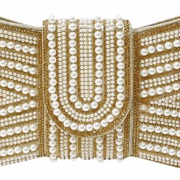 Beaded Bow Shape Gold Wedding Clutch Wallet for Women - Elegant Party Accessory - Picture 1 of 14